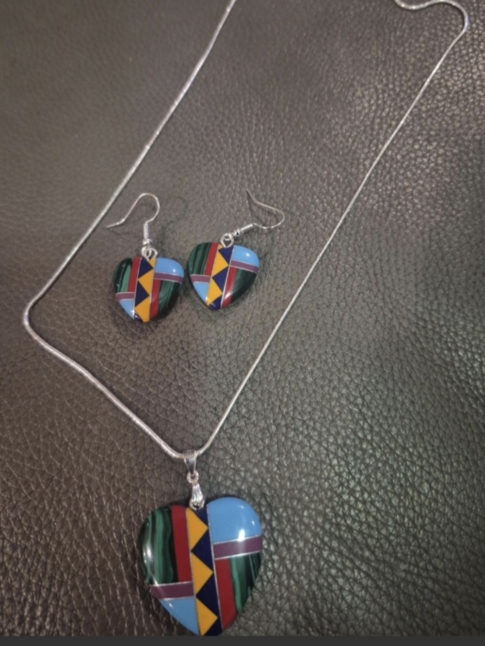 Multicolor Geometric Heart Necklace and Earring Set - Bright Multicolor